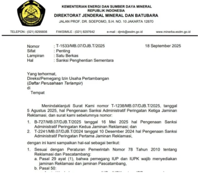 Surat Edaran Dirjen Minerba ESDM Nomor T-1533/MB.07/DJB.T/2025